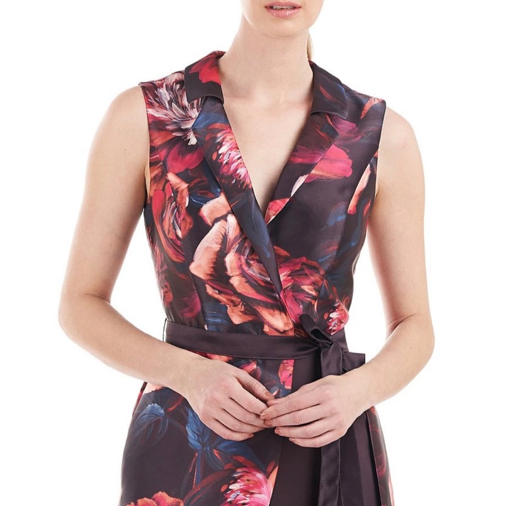 Floral Mikado Surplice V-Neck Sleeveless Walk Thru Jumpsuit- Like Brand New